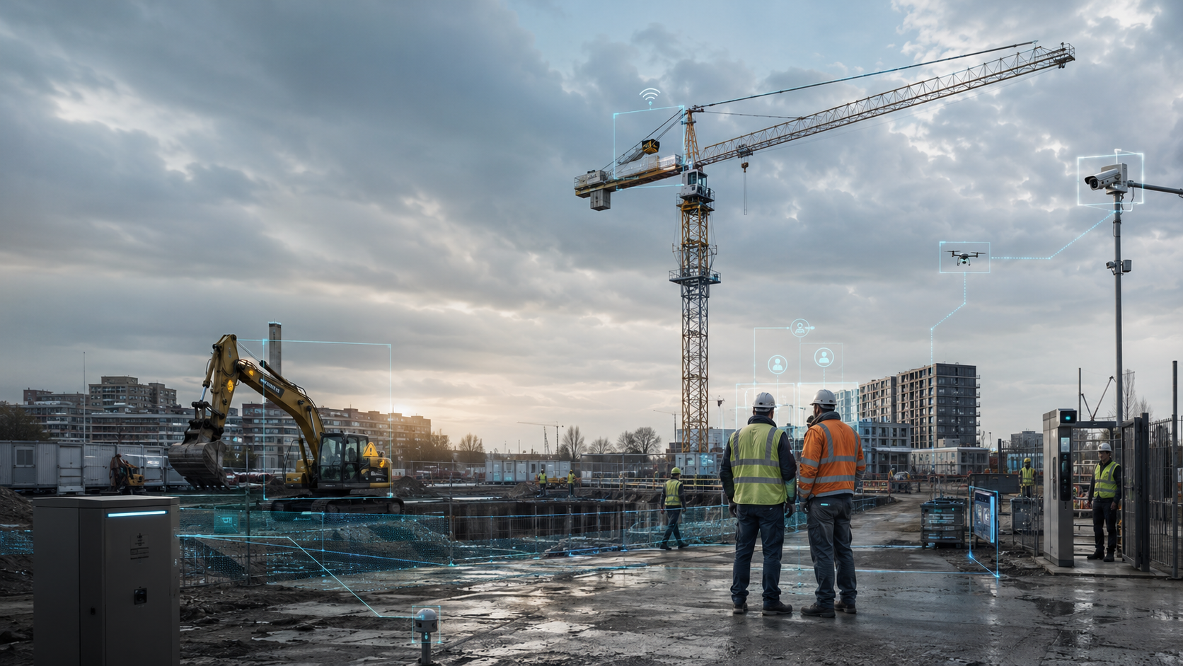 Plac budowy z cyfrową nakładką danych — koparka, żuraw, pracownicy i drony wykryte przez system